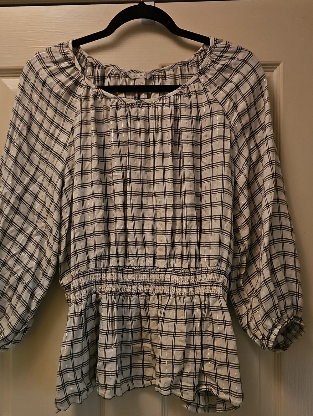 Smocked Waist Plaid Peasant Tunic - White & Black